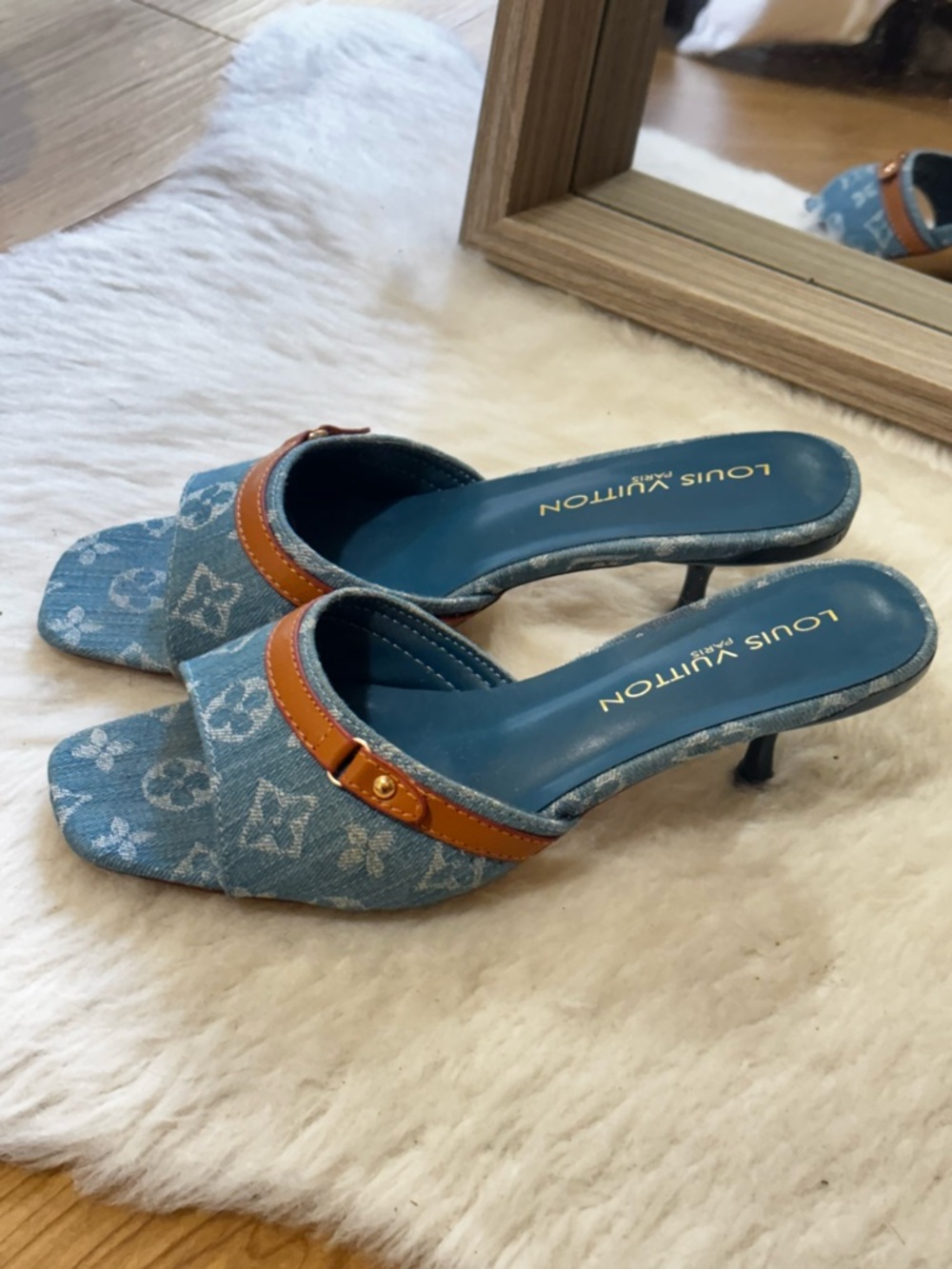 Louis Vuitton Denim Monogram Slide Mules with Tan Trim